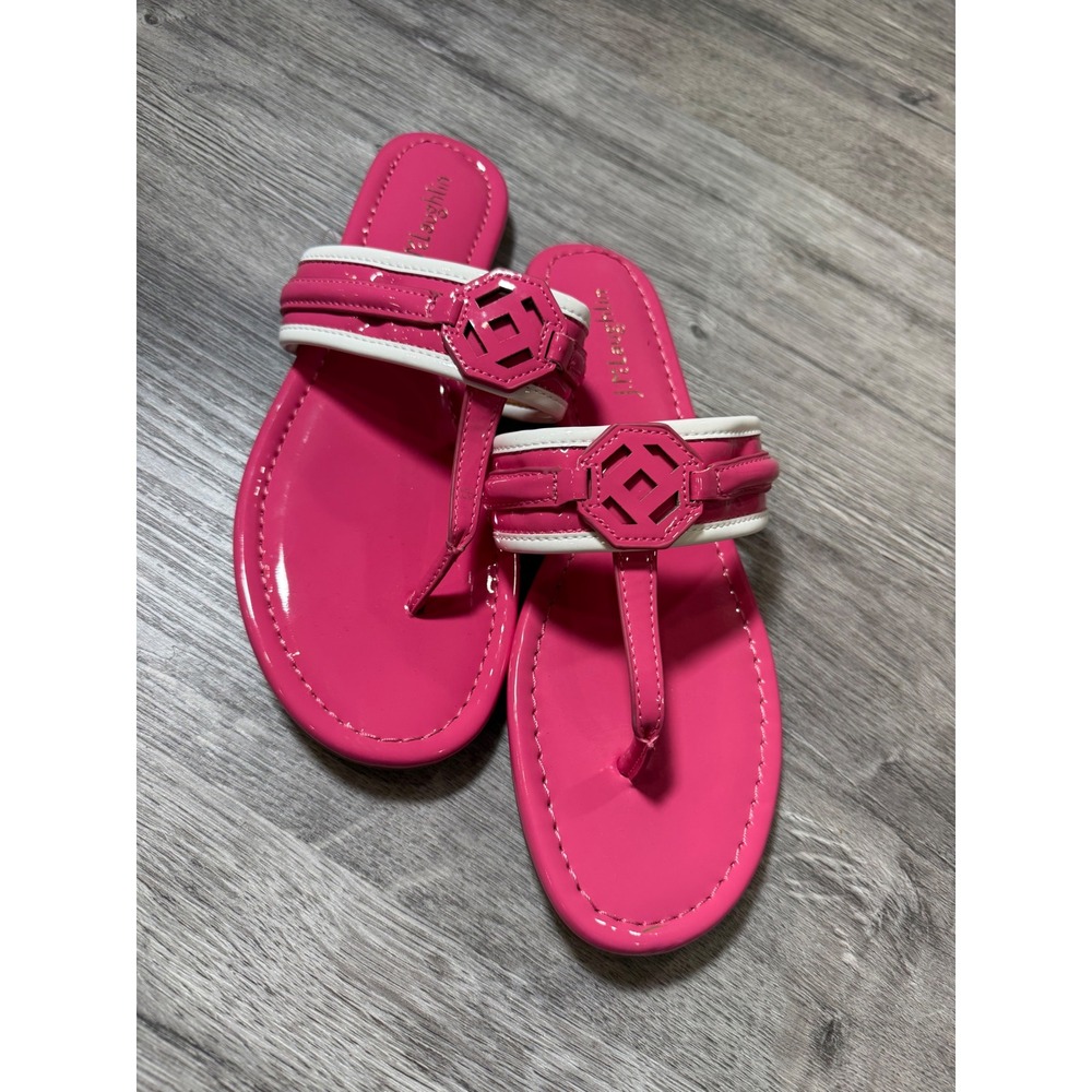 J.McLaughlin Pink Patent Leather Thong Sandals White Trim Medallion Flat 7